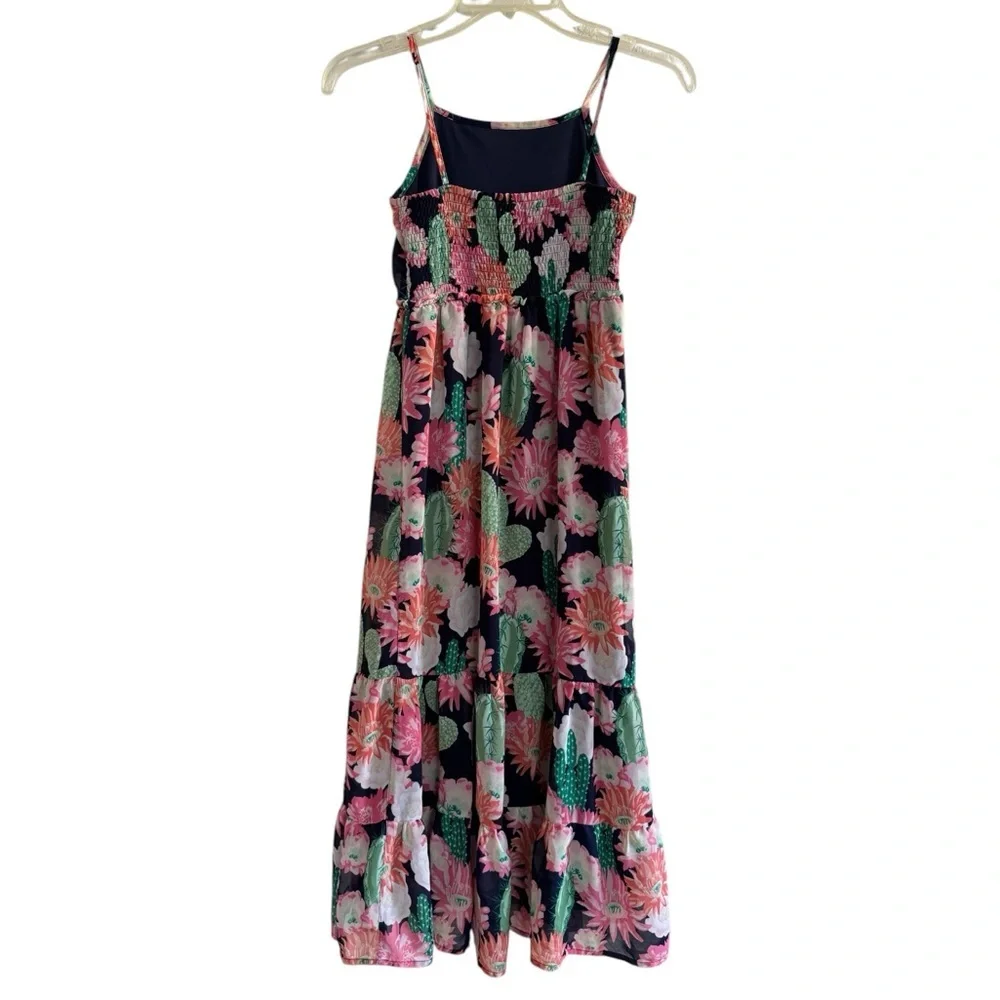 Place Maxi Smocked Dress Cactus Bloom Floral Green Pink Spaghetti Straps Girls L